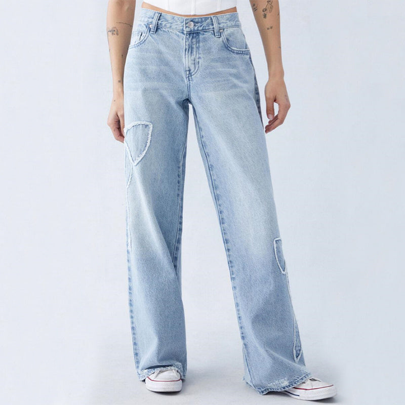 Women's Embroidered Side Frayed Butterfly Jeans/Baggy Pants