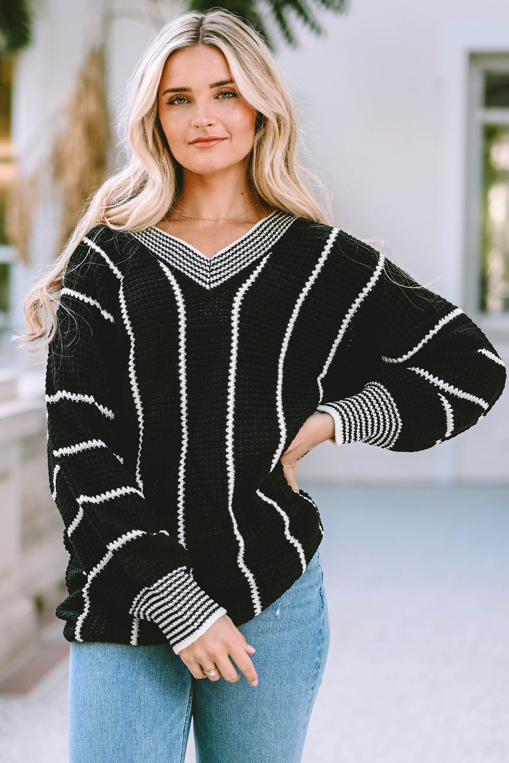 Striped V Neck Knitted Loose Sweater