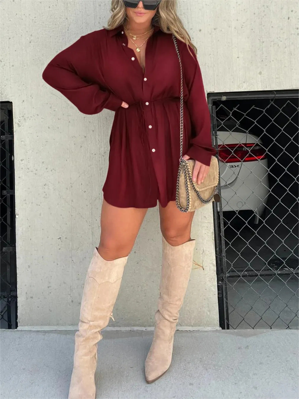 Women's Long Sleeve Jumpsuit With Button Shirt Dress