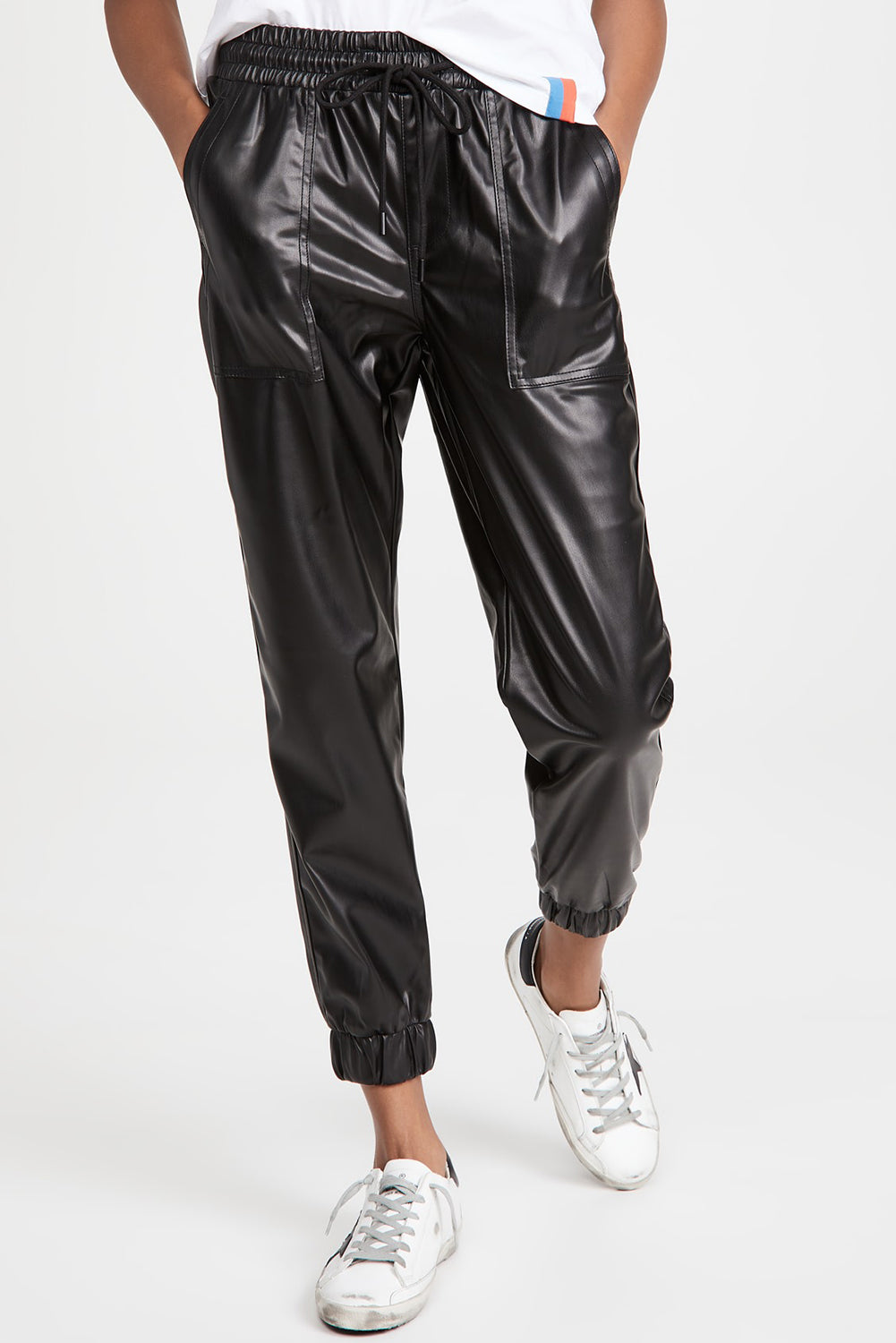 Black Faux Leather Ankle Smocked Joggers