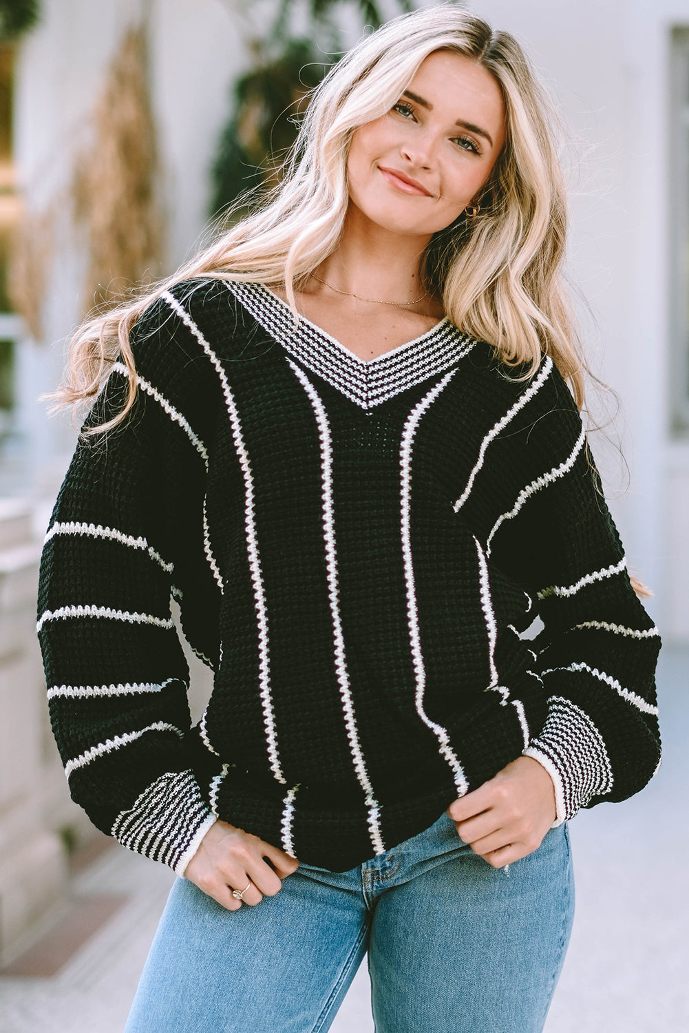 Striped V Neck Knitted Loose Sweater