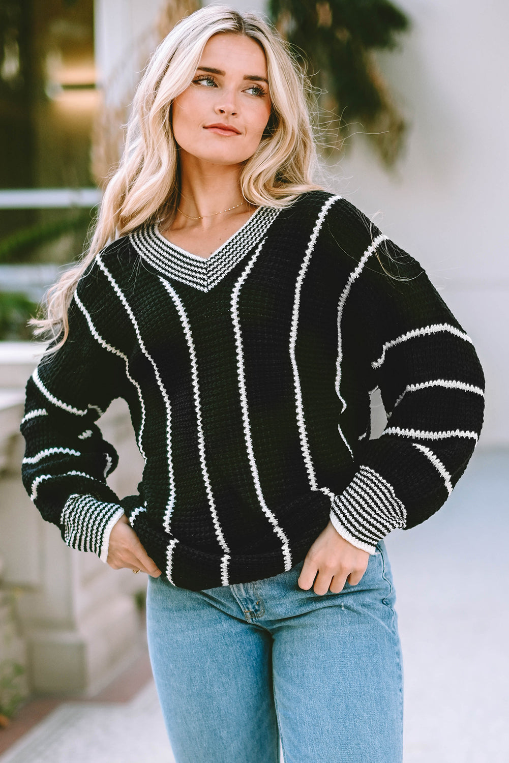 Striped V Neck Knitted Loose Sweater