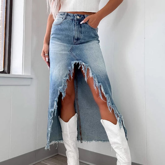 Denim High Waist Irregular Raw Hem Worn Looking Washed-out Skirt