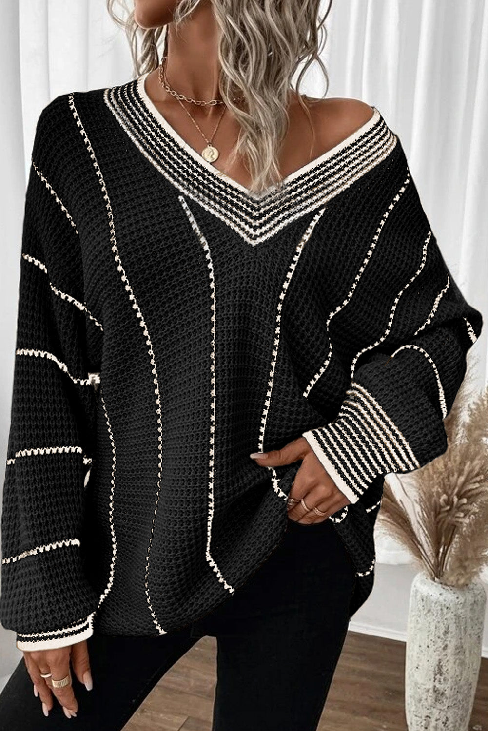 Striped V Neck Knitted Loose Sweater