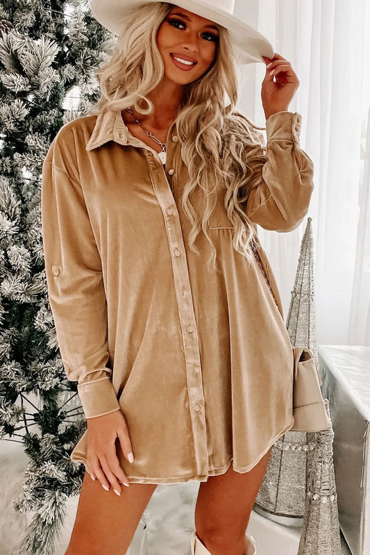 Velvet Button Front Shirt Mini Dress