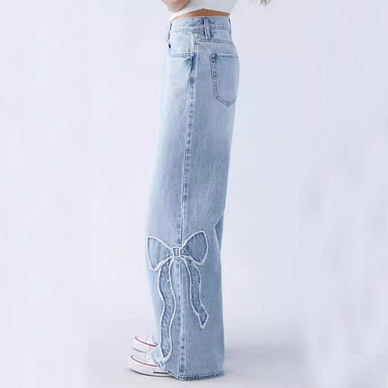 Women's Embroidered Side Frayed Butterfly Jeans/Baggy Pants