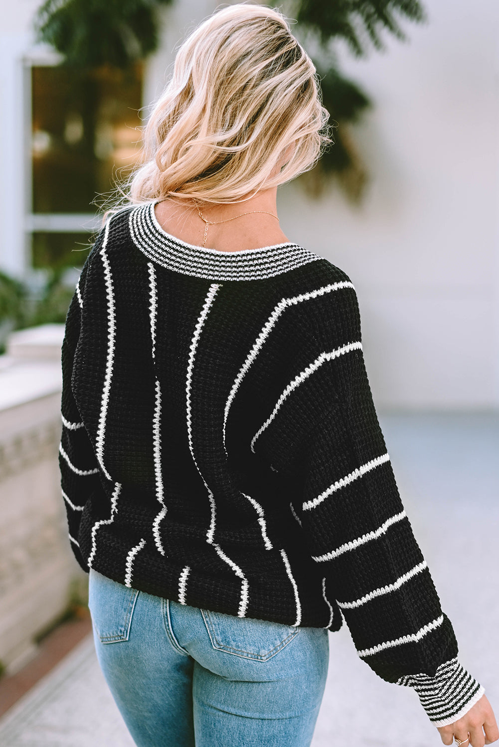 Striped V Neck Knitted Loose Sweater