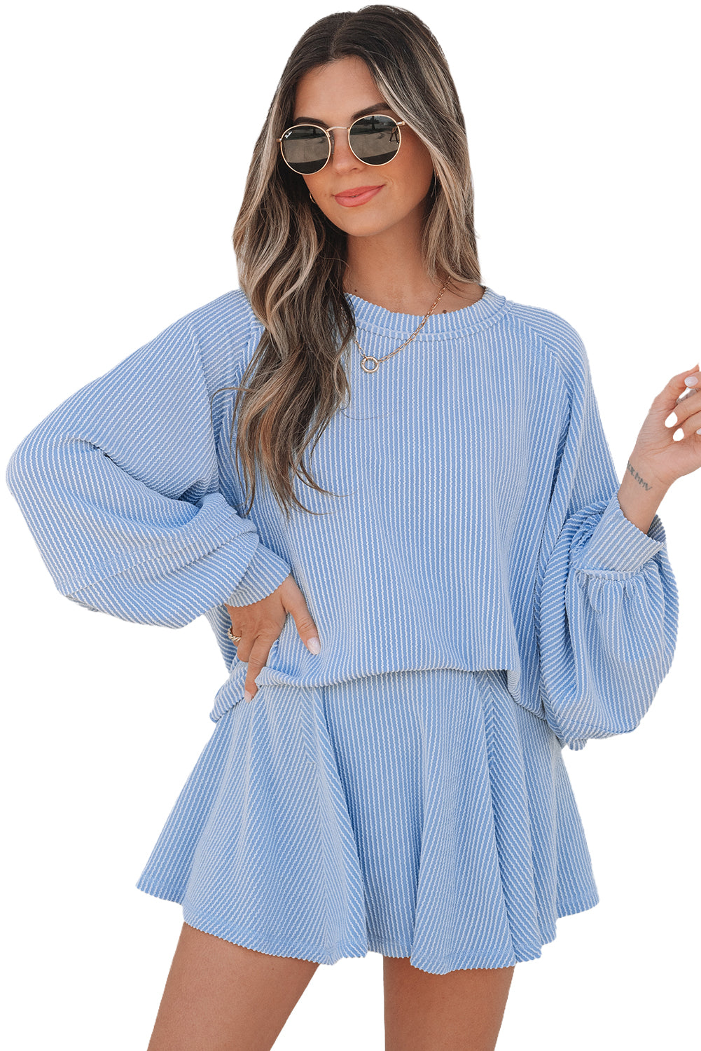 Sky Blue Corded Lantern Sleeve Top High Waist Ruffled Mini Skirt Set