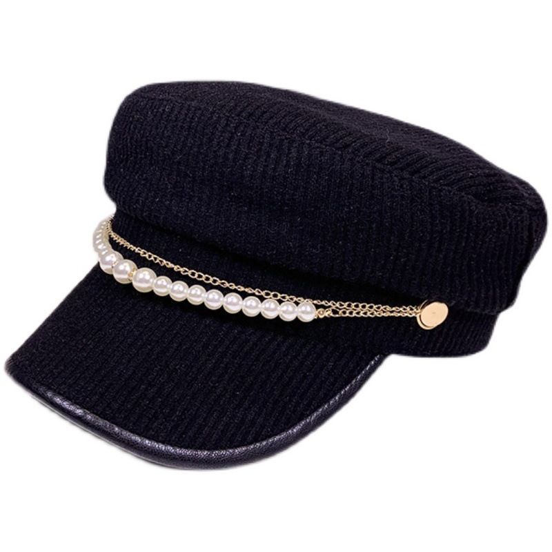 Pearl Chain Flat Top Navy Hat Women