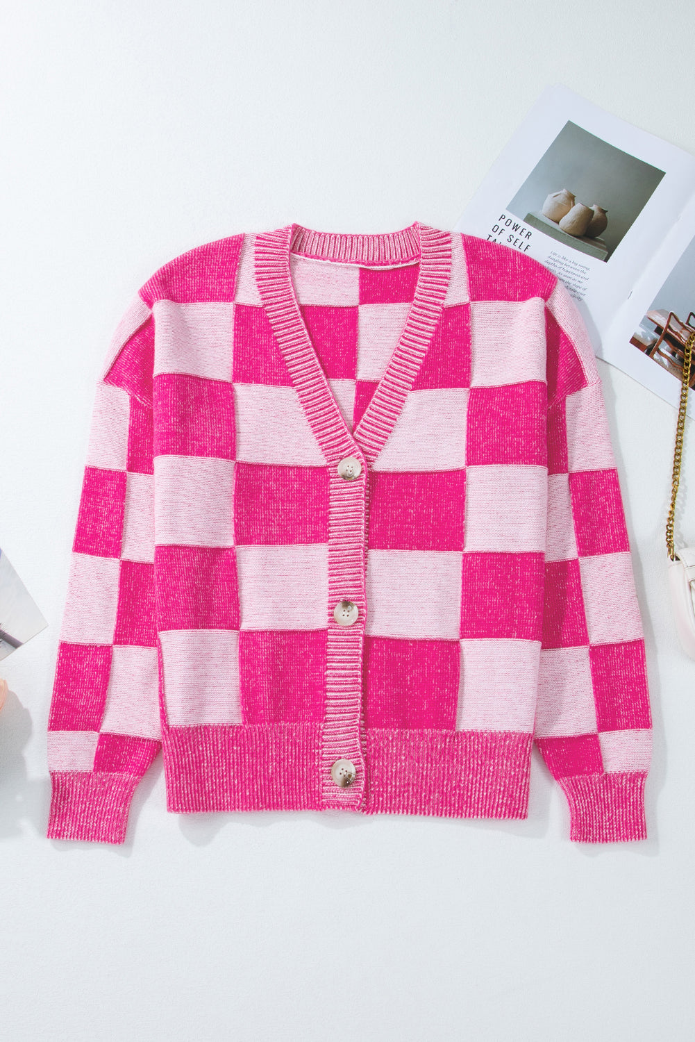 Black Checkered Drop Shoulder Buttoned V Neck Cardigan