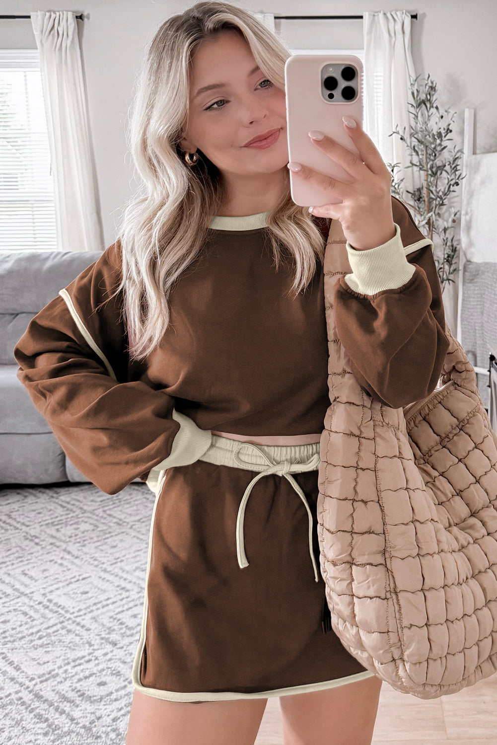 Coffee Color Contrast Loose Pullover and Lace-up Waist Skort Set