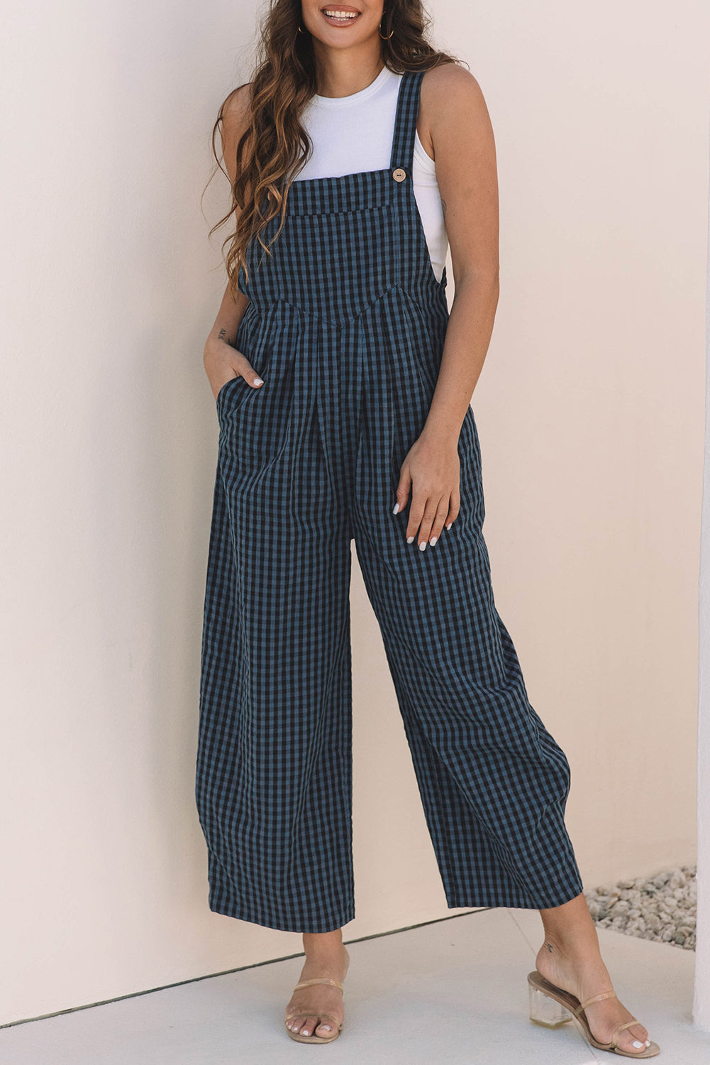 Sail Blue Plaid Print Buttoned Pocketed High Waist Overall