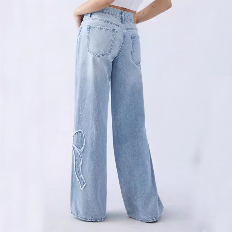 Women's Embroidered Side Frayed Butterfly Jeans/Baggy Pants