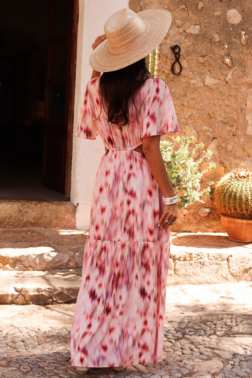 Pink Abstract Printed Flutter Sleeve Daring Cutout Long Dress