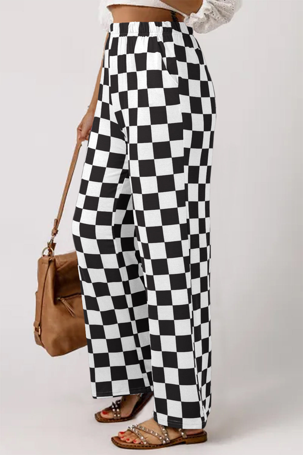 Bonbon 2-Tone Checked Print High Waist Wide Leg Pants