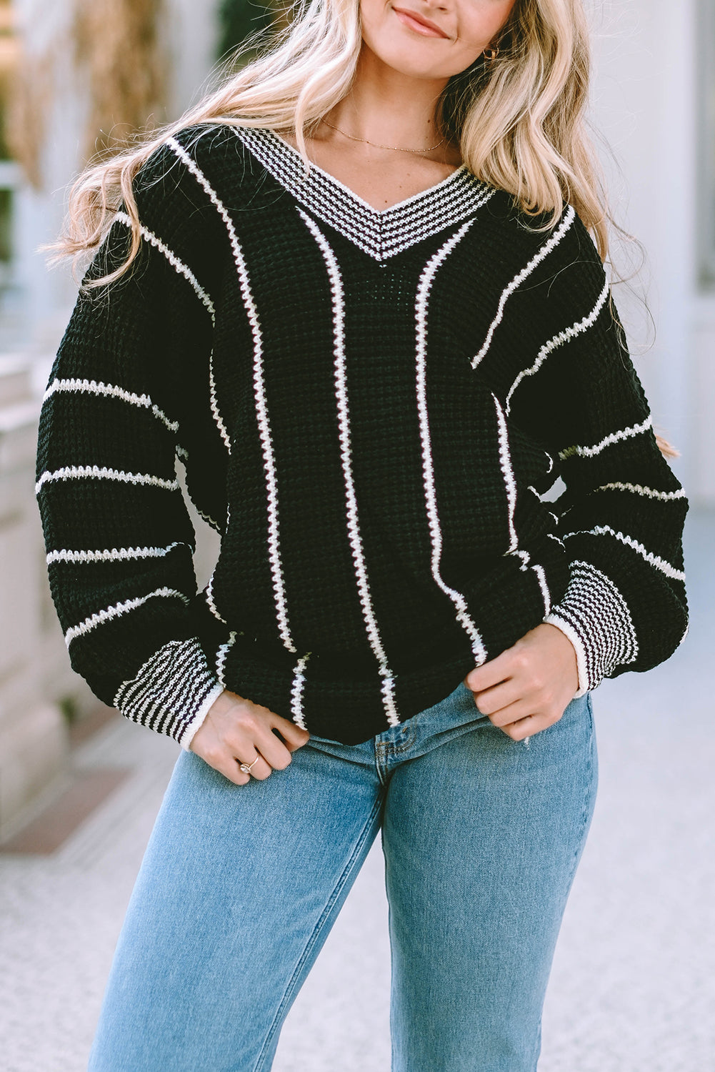 Striped V Neck Knitted Loose Sweater