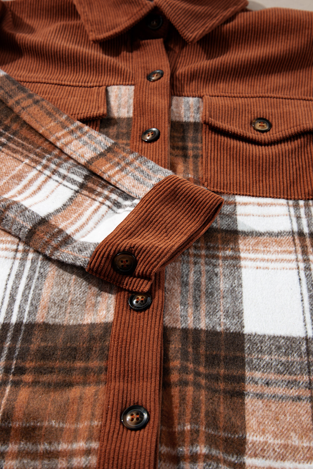 Plaid Corduroy Patchwork Chest Pocket Shacket