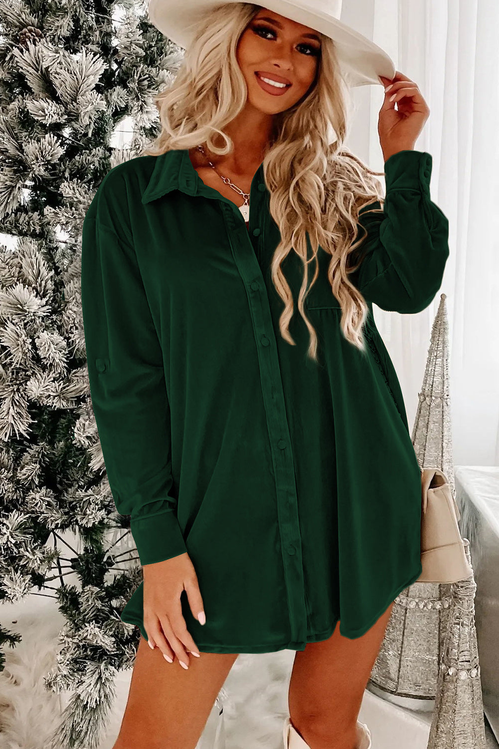 Velvet Button Front Shirt Mini Dress