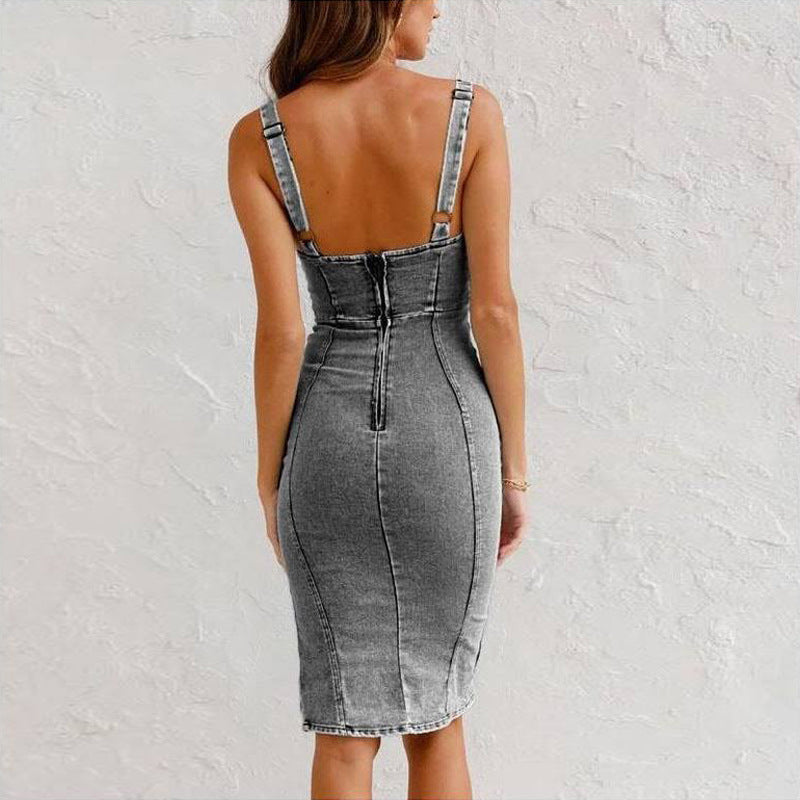 Suspender Denim Dress Summer Casual Tight Slim Fit Dresses With Slit