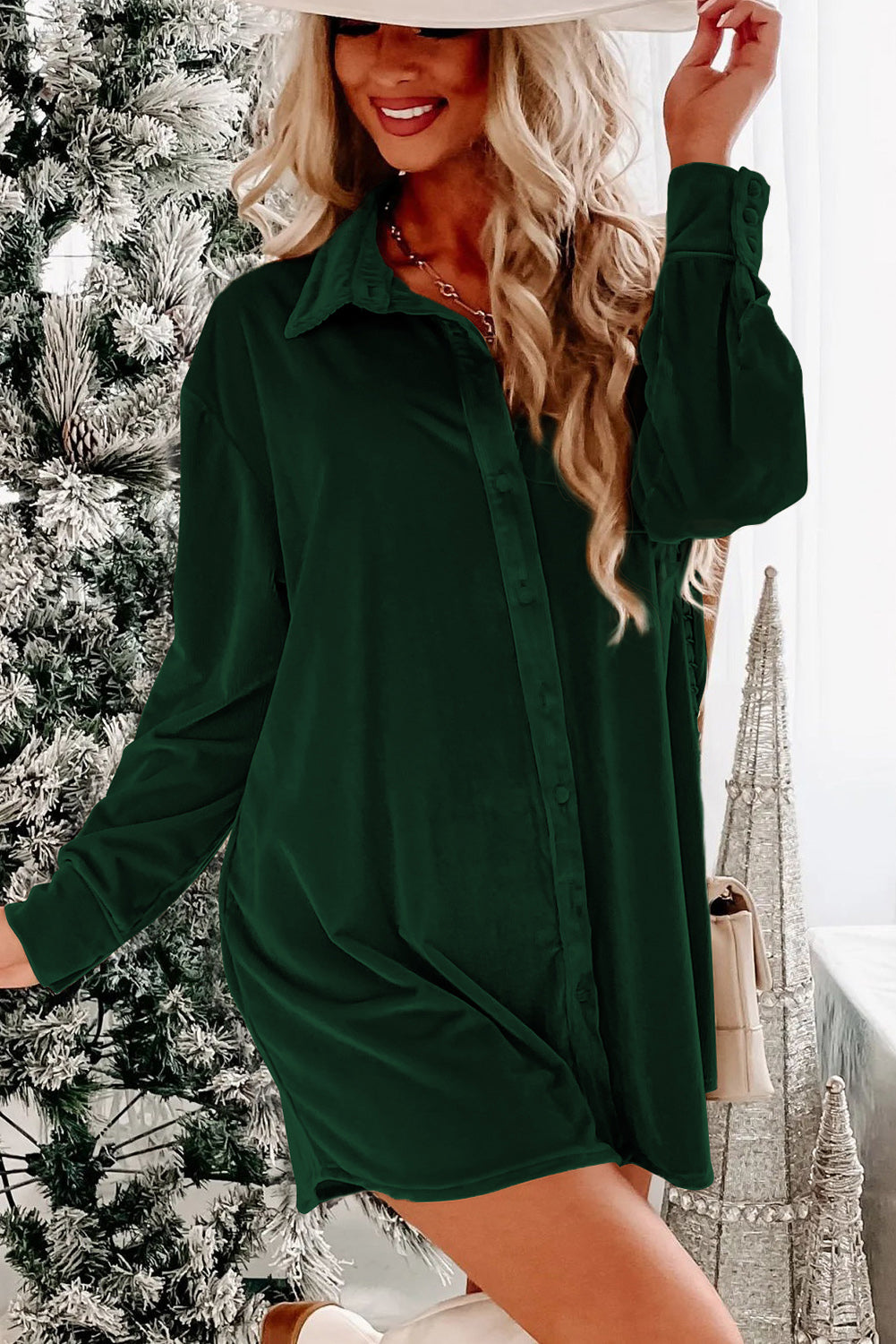 Velvet Button Front Shirt Mini Dress