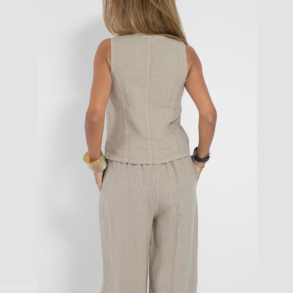 V-neck Botton Sleeveless Top And Loose Straight Trousers