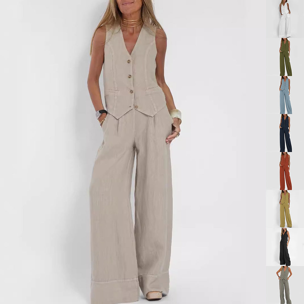 V-neck Botton Sleeveless Top And Loose Straight Trousers