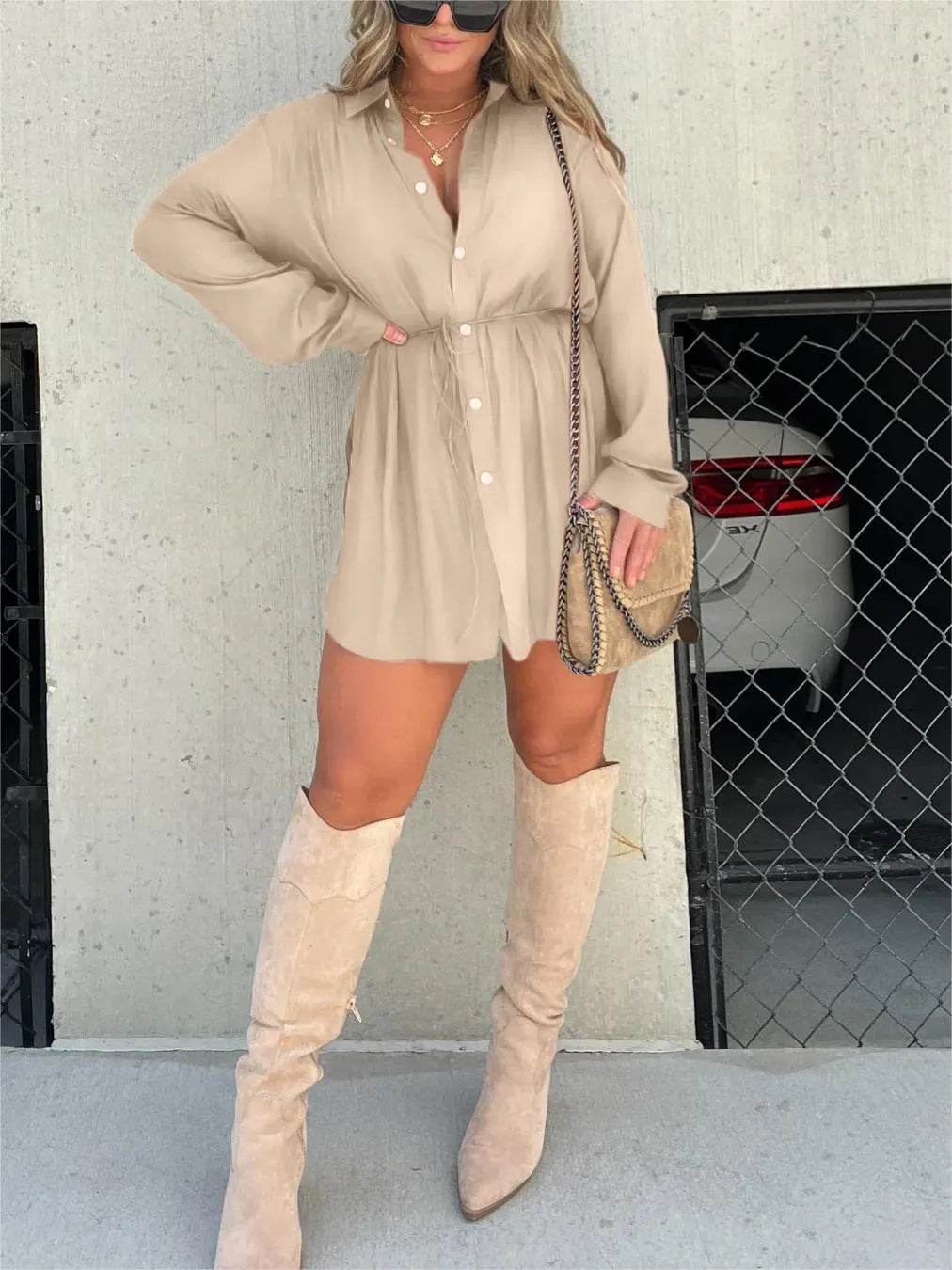 Women's Long Sleeve Jumpsuit With Button Shirt Dress