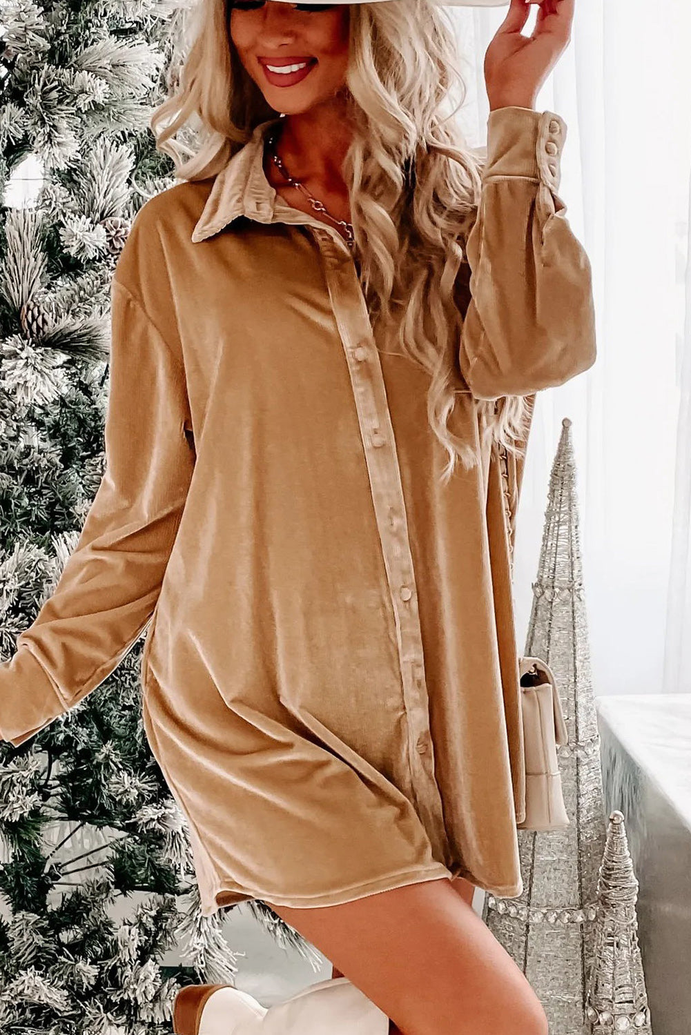 Velvet Button Front Shirt Mini Dress