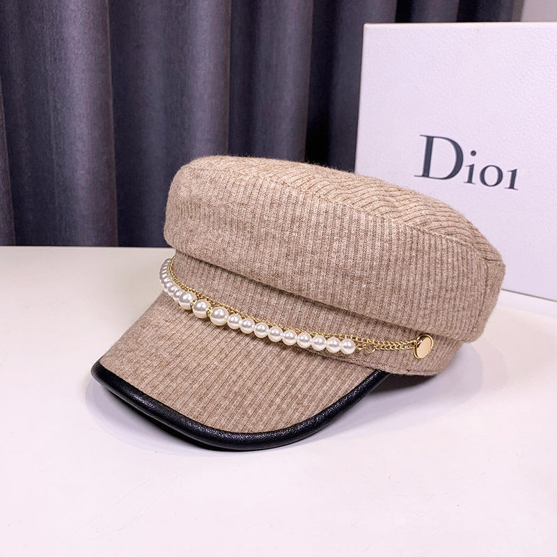 Pearl Chain Flat Top Navy Hat Women