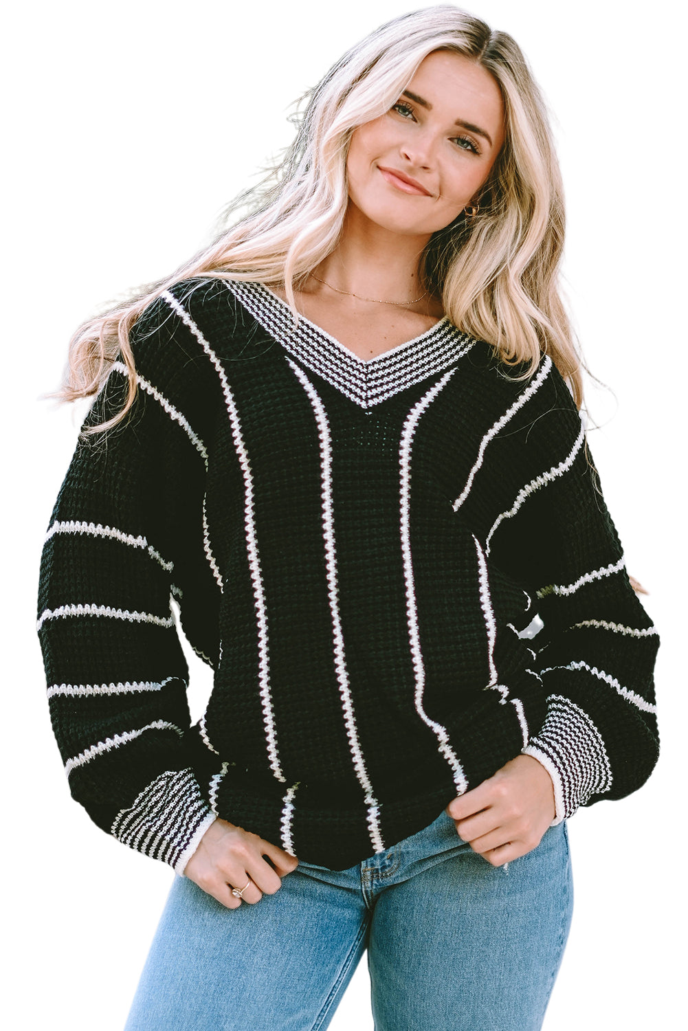 Striped V Neck Knitted Loose Sweater