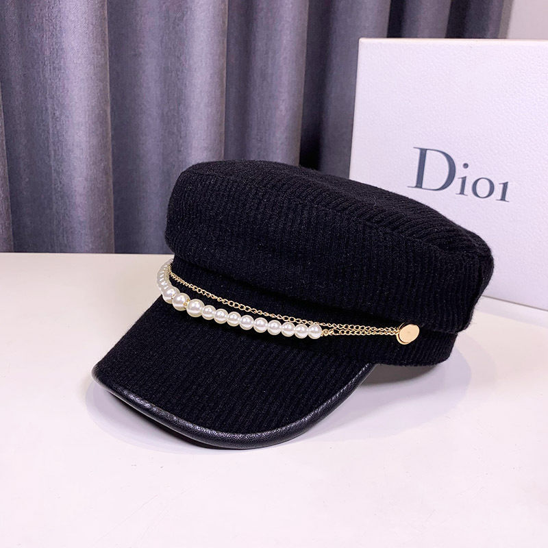 Pearl Chain Flat Top Navy Hat Women