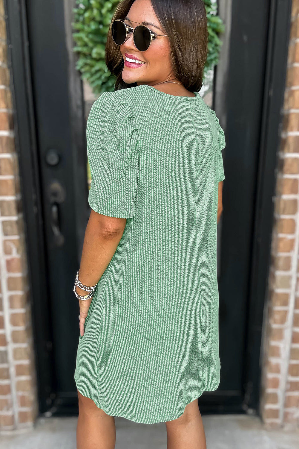 Mint Green Corded Knit Crew Neck Puff Sleeve Shift Mini Dress