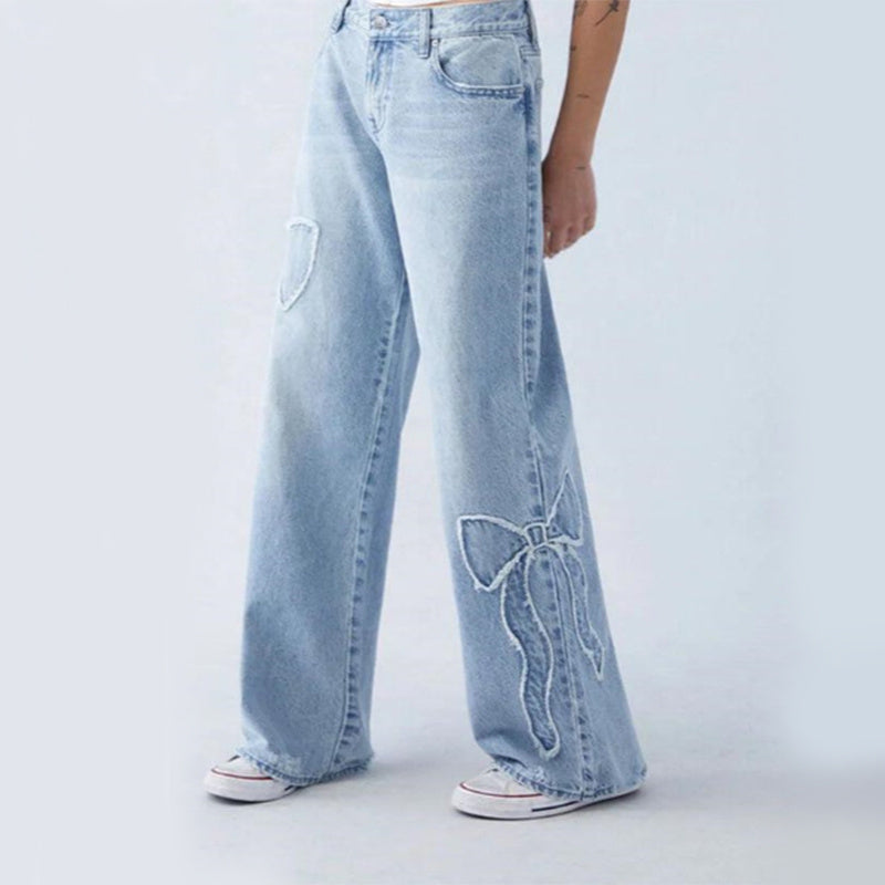 Women's Embroidered Side Frayed Butterfly Jeans/Baggy Pants