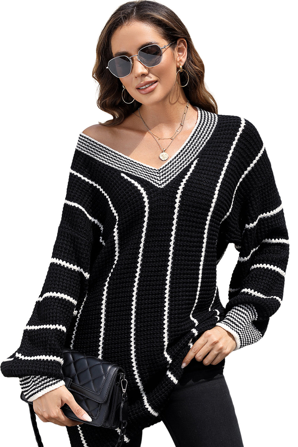 Striped V Neck Knitted Loose Sweater