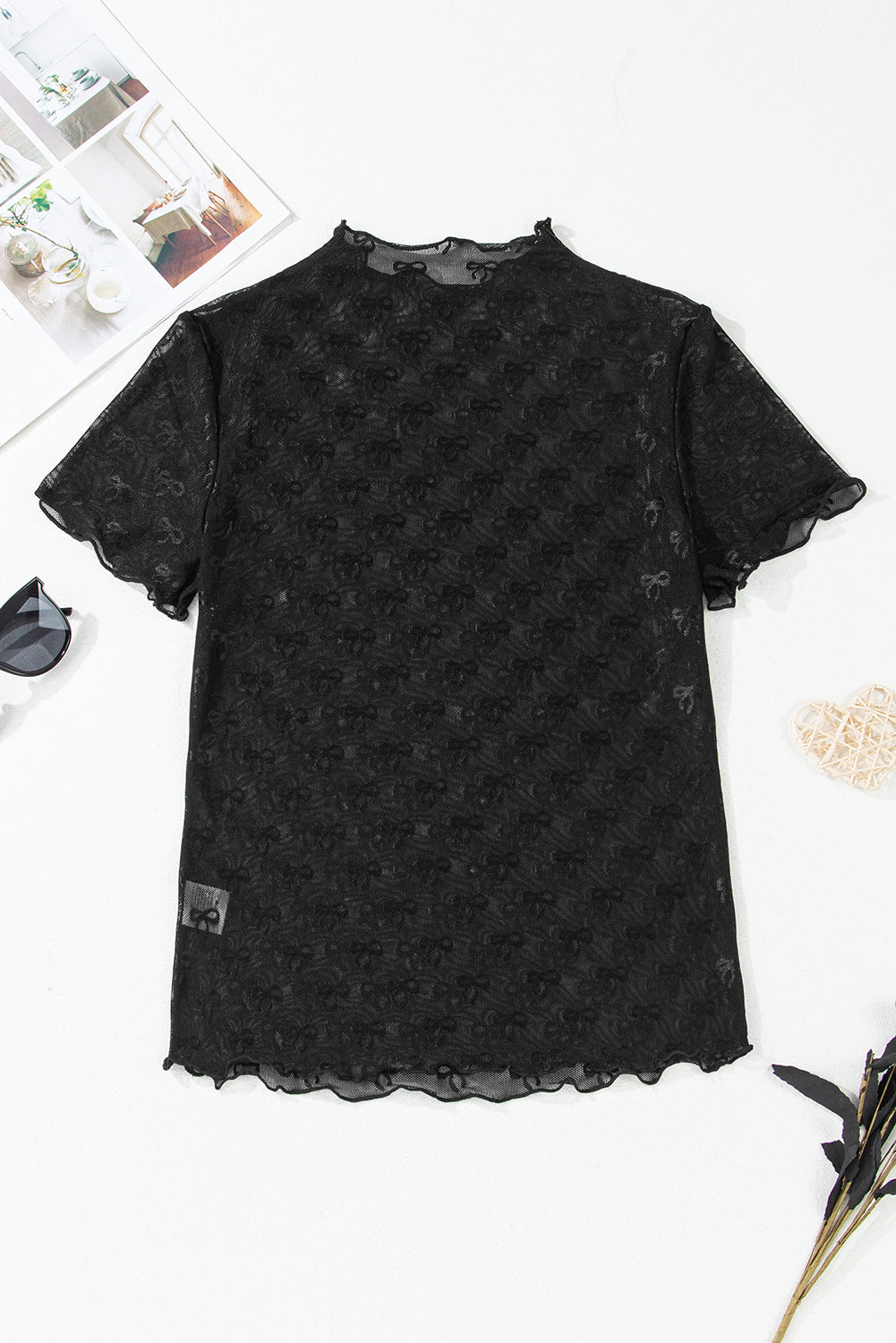 Black Bowknot Sheer Mesh Mock Neck Lettuce Trim Short Sleeve Top