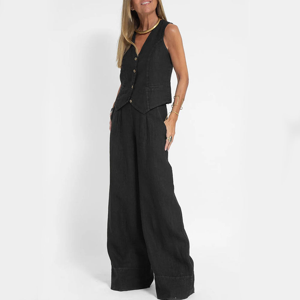 V-neck Botton Sleeveless Top And Loose Straight Trousers