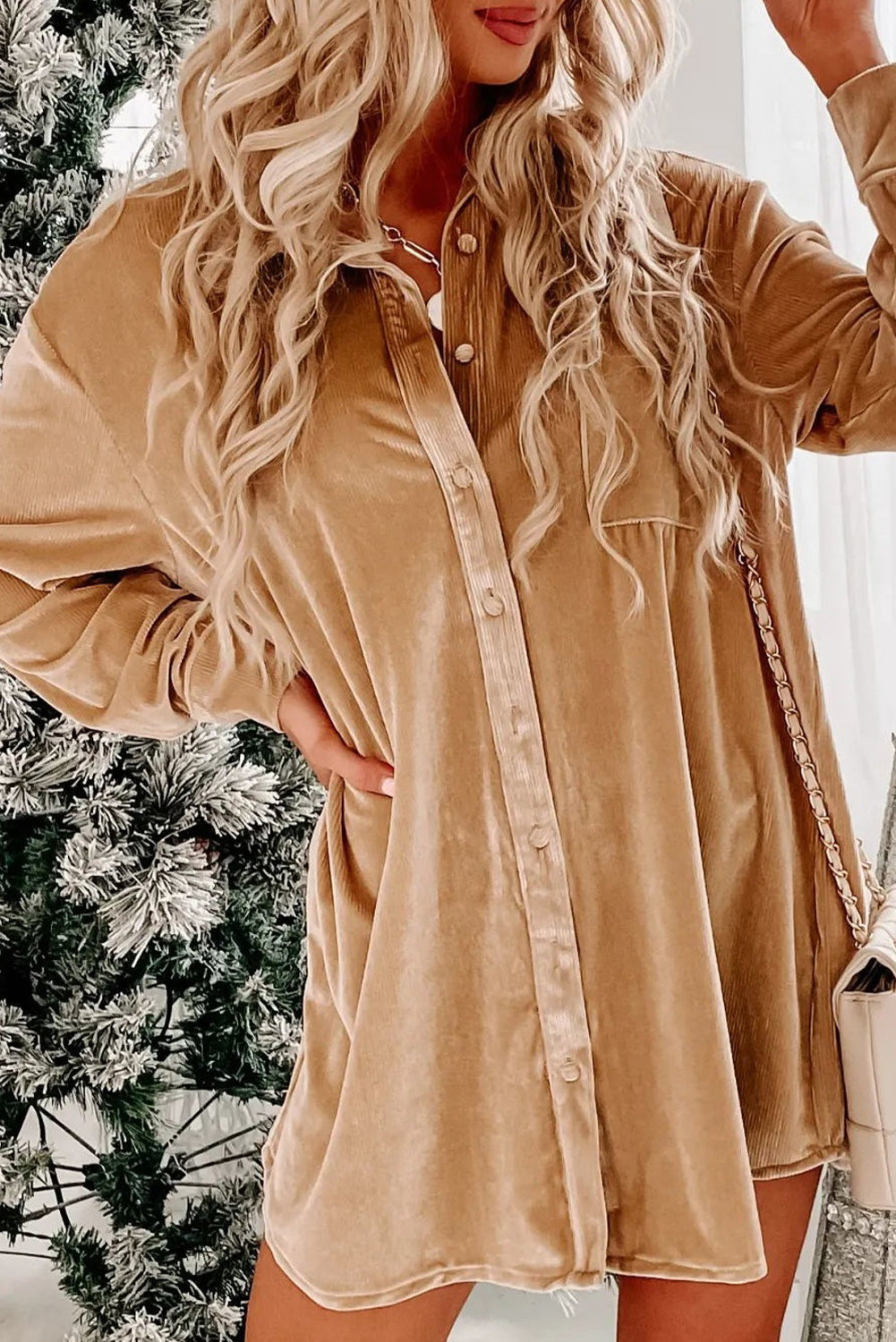 Velvet Button Front Shirt Mini Dress