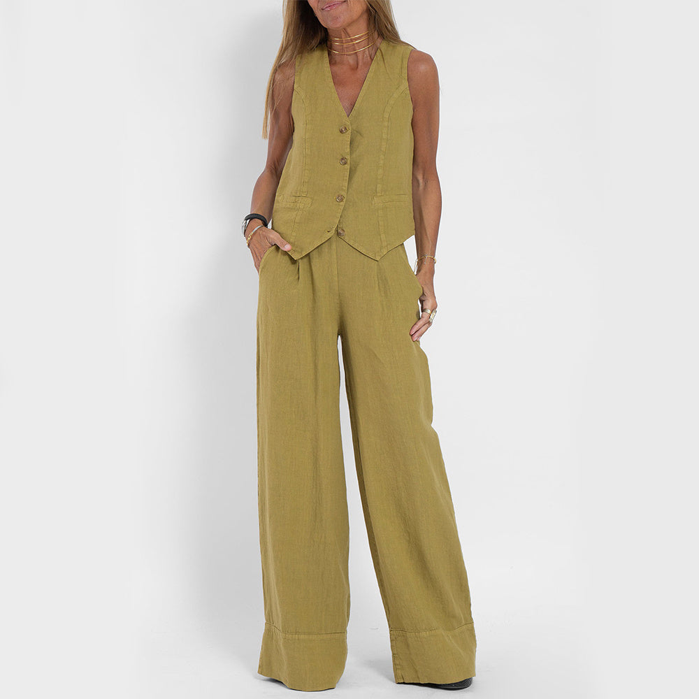 V-neck Botton Sleeveless Top And Loose Straight Trousers