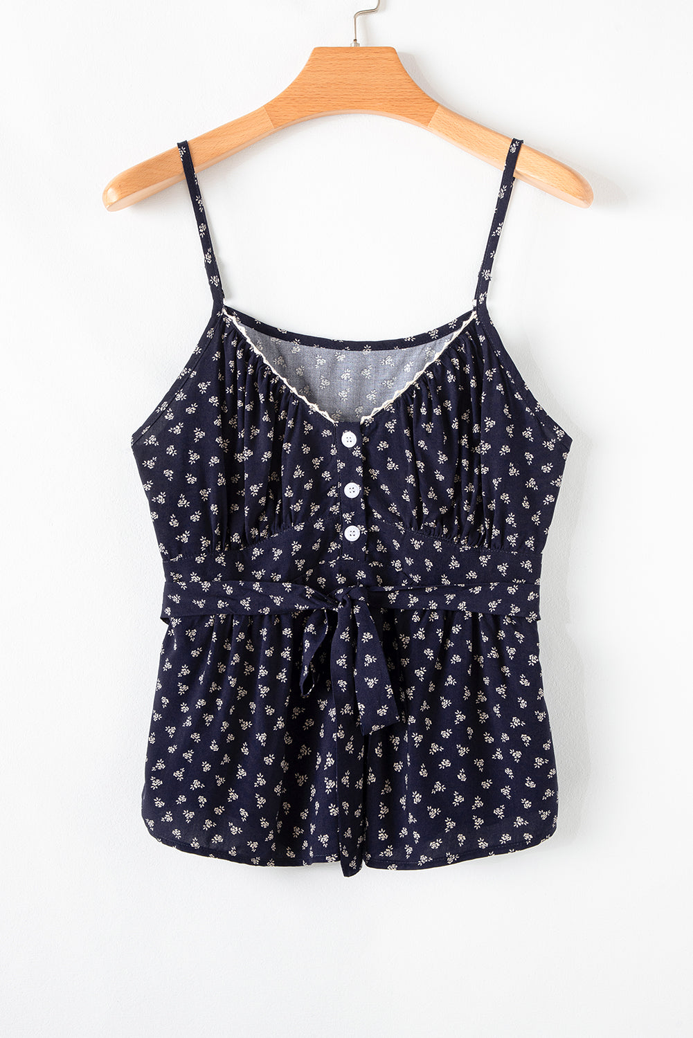 Blue Floral Print Spaghetti Strap Buttoned V Neck Tank Top