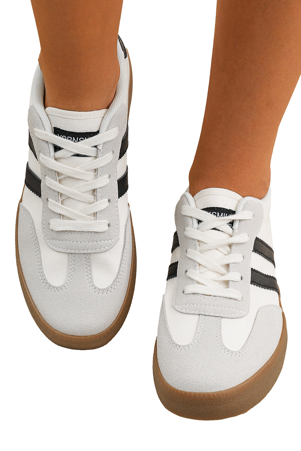 White Striped Lace-up Flat Sneakers