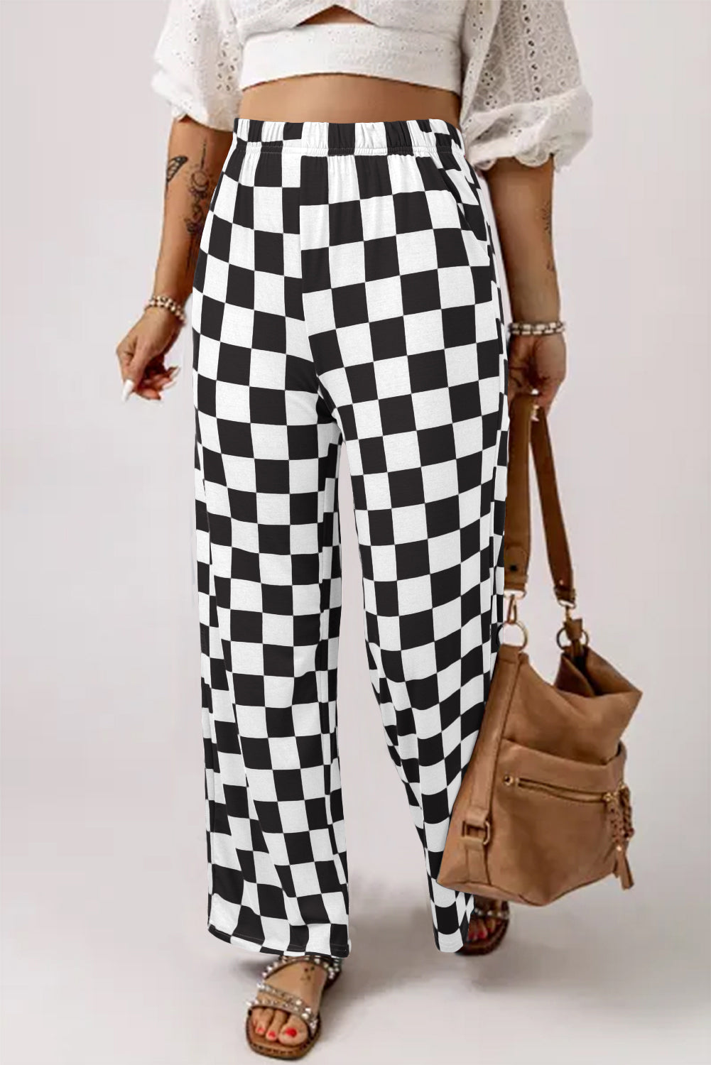 Bonbon 2-Tone Checked Print High Waist Wide Leg Pants