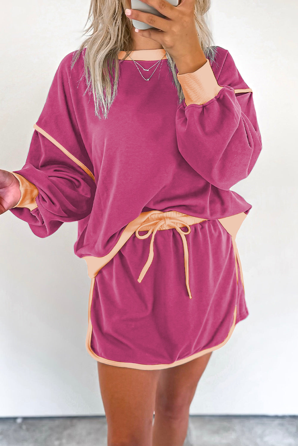 Coffee Color Contrast Loose Pullover and Lace-up Waist Skort Set