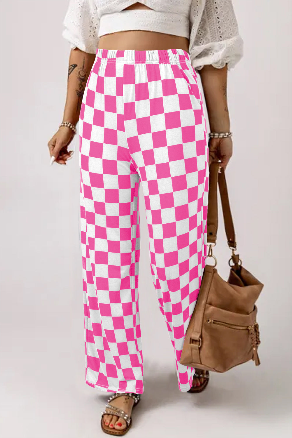 Bonbon 2-Tone Checked Print High Waist Wide Leg Pants