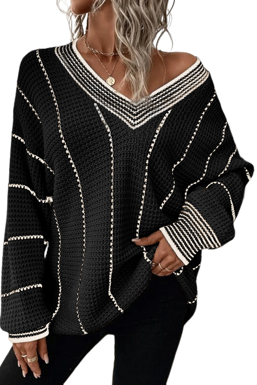 Striped V Neck Knitted Loose Sweater