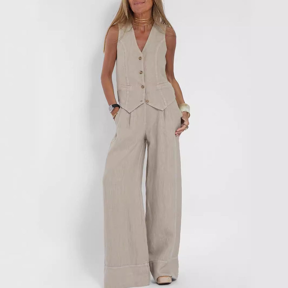 V-neck Botton Sleeveless Top And Loose Straight Trousers