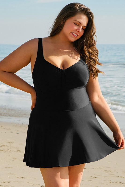 Black Plus Size Solid Pleated Ruffled One Piece Swim Dress