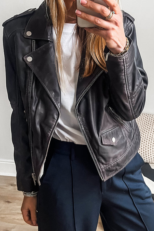 Black PU Leather Zipper Jacket