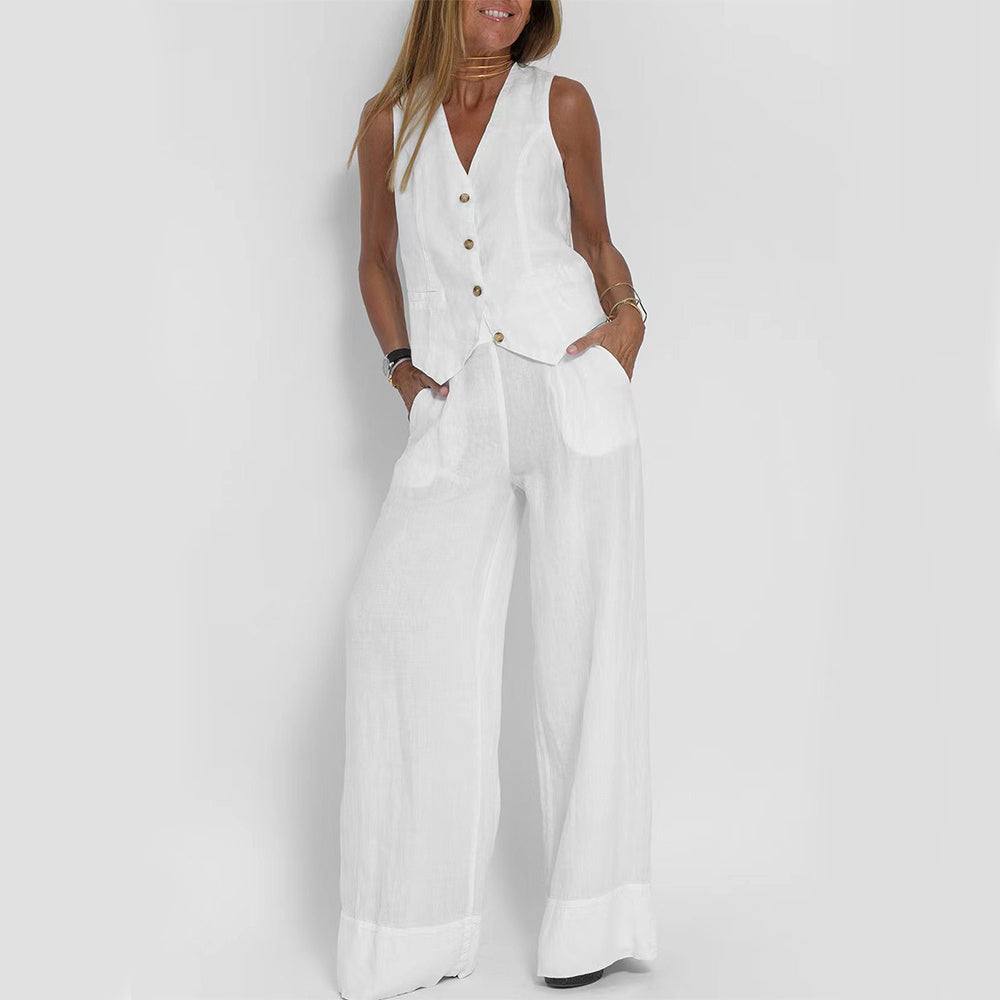 V-neck Botton Sleeveless Top And Loose Straight Trousers