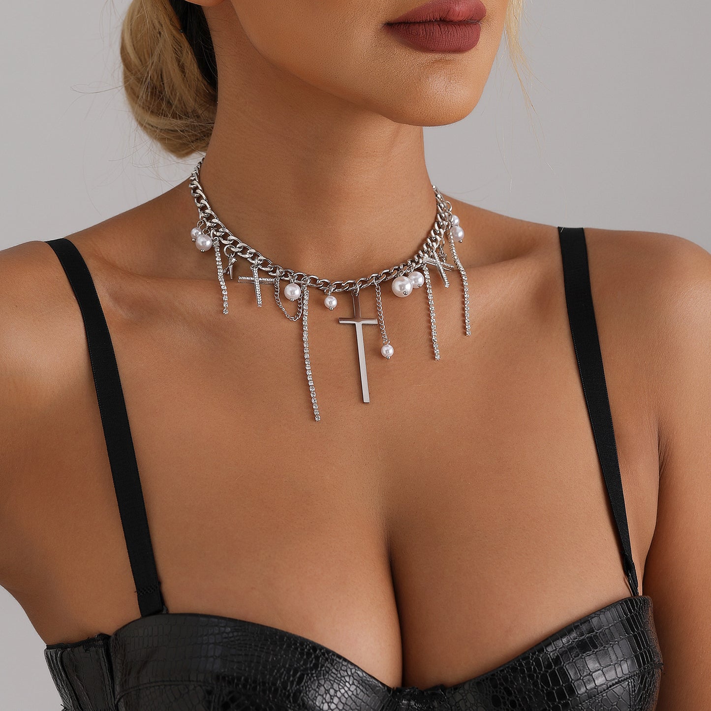 Diamond Cross Tassel Clavicle Chain Fashion Necklace