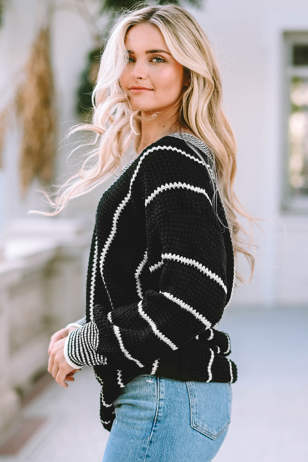 Striped V Neck Knitted Loose Sweater